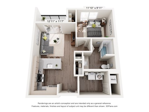 Floor plan for 1 bed, 1 bath, 680 sqft